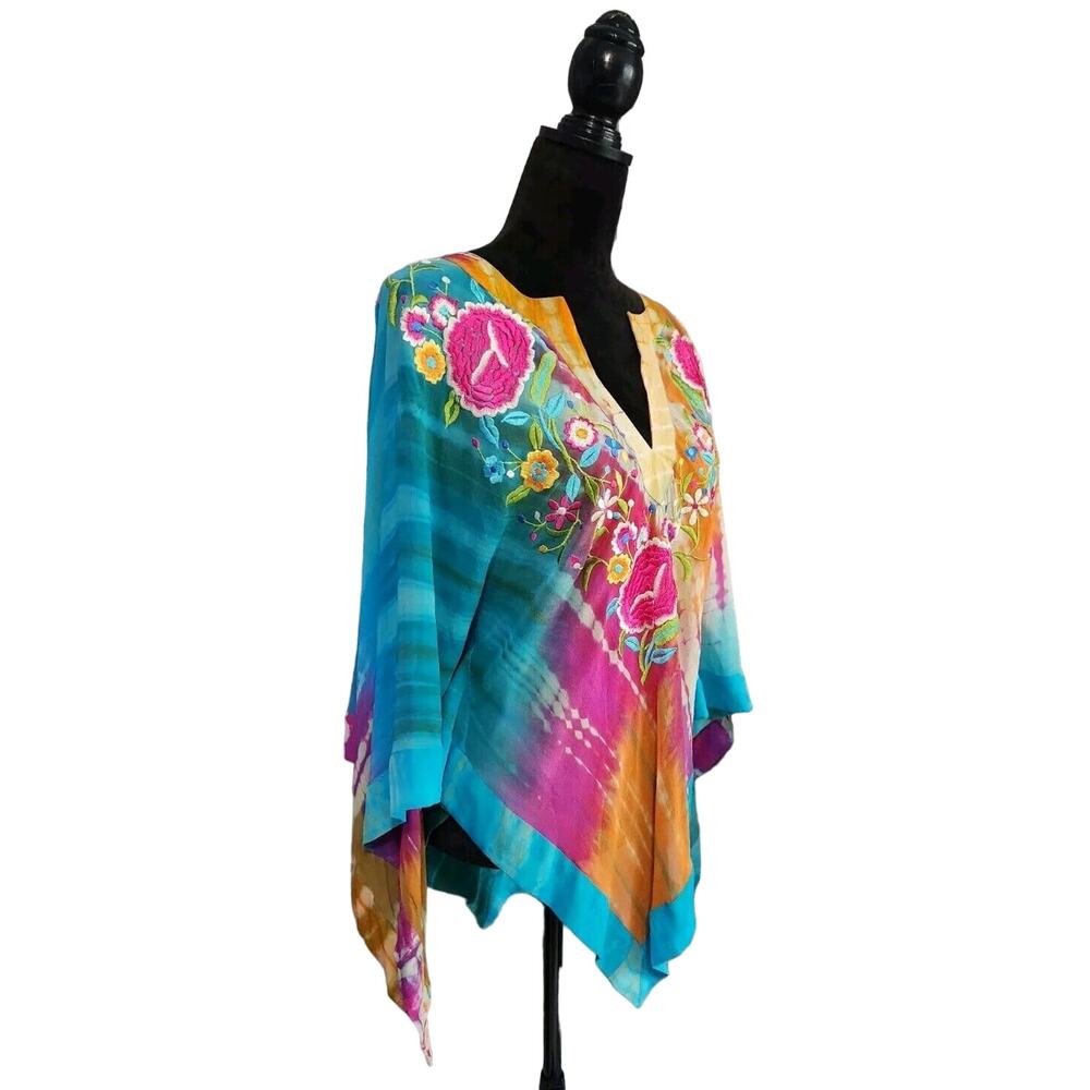 Tashia London Women's Silk Sheer V-neck Embroidered Poncho Top Multicolor Large - Picture 2 of 10